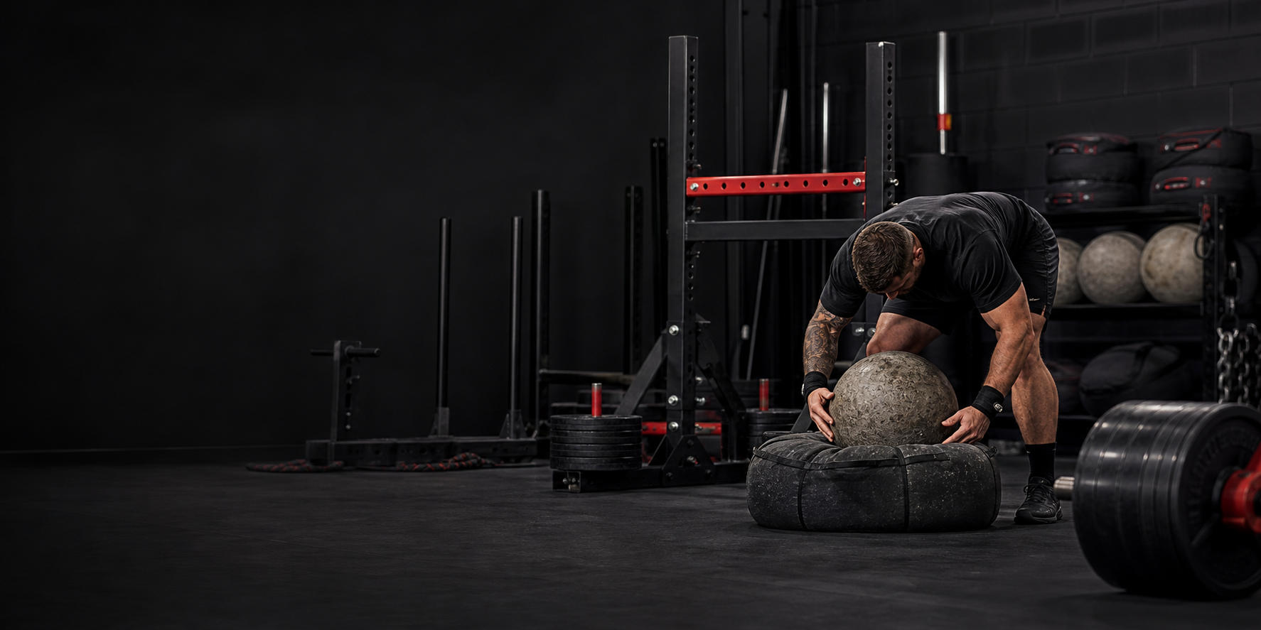 Strongman training space with atlas stone, loaded barbell, yoke, and sandbags